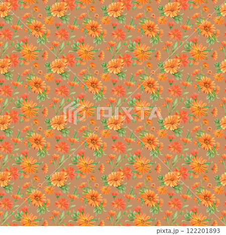 Beautiful seamless floral pattern with hand painted watercolor bright flowers. Orange alendula on a white background. Illustration for packaging design, textiles, wallpapers. 122201893
