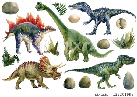 Watercolor dinosaurs set isolated. Prehistoric animals stegosaurus, brachiosaurus, triceratops, t-rex, plants. dinosaur eggs 122201995