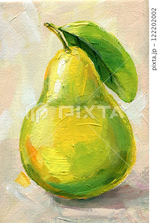 Ripe fruits on beige background canvas, acrylic painting summer fruit, abstract colorful picture pear illustration. 122202002
