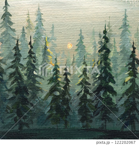 Misty sunrise in tranquil pine forest, atmospheric nature landscape soft light, evergreen trees. Acrylic painting canvas 122202067