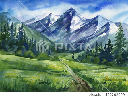 Summer landscape mountains hand painted. Vibrant nature, grassy meadows, forested slopes, mountain valley watercolor 122202069