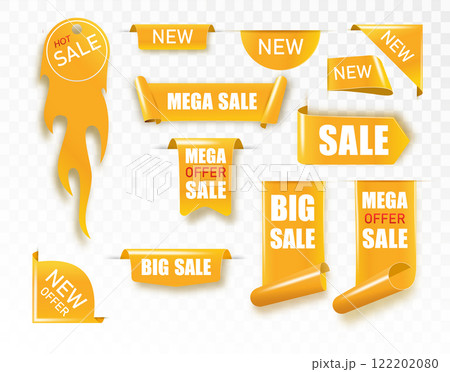 Golden satin ribbon tag. Gold textile label for sale promotion text. Discount and special offer badge. Vector Golden satin ribbon tag. Gold textile label for sale promotion text. Discount and special offer badge. Vector 122202080