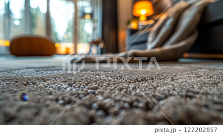 Cozy living room with soft carpet and warm lighting 122202857