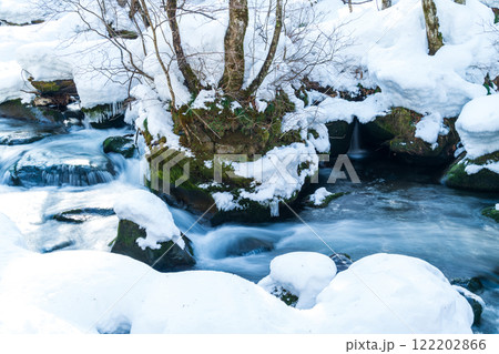 「青森県」雪の積もった奥入瀬渓流　冬の自然美 122202866