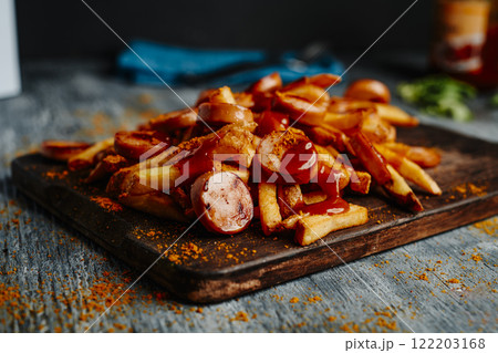 currywurst and chips, typical of germany currywurst and chips, typical of germany 122203168
