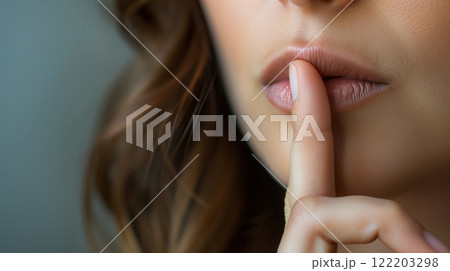 Close-up of woman's finger on her lips. 122203298