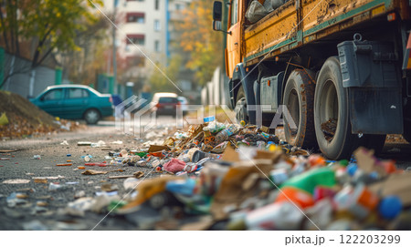Garbage truck on a littered urban street. 122203299