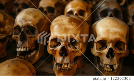Stack of human skulls with eerie expressions. 122203300