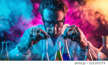 Focused scientist performing colorful experiments in lab. 122203374