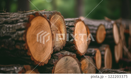 Stacked logs showcasing cross-section of wood textures. Stacked logs showcasing cross-section of wood textures. 122203375
