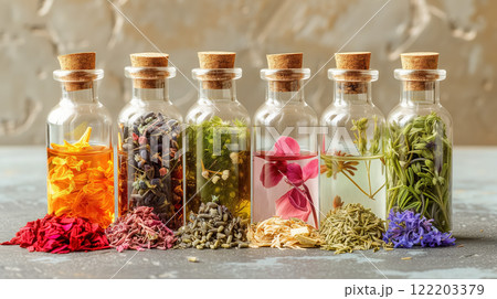 Assorted dried herbs in bottles with cork tops. 122203379