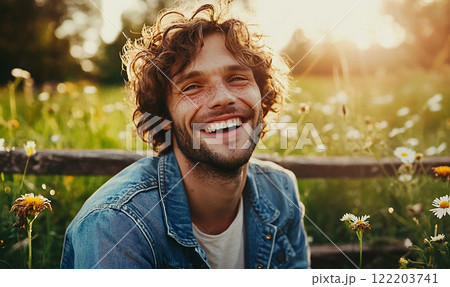 Man in a Denim Jacket Smiling in a Field 122203741