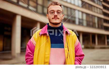 Stylish man in vibrant jacket in urban settingのイラスト素材 [122203911] - PIXTA