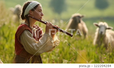 Woman playing flute in field with sheep. 122204284
