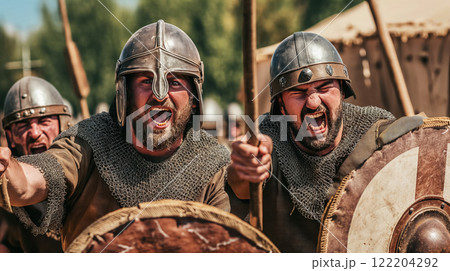 Viking warriors shouting with shields in battle. 122204292