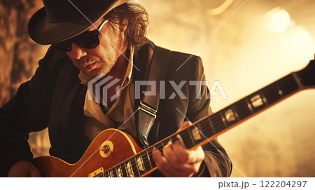 Guitarist playing under warm stage lighting. 122204297