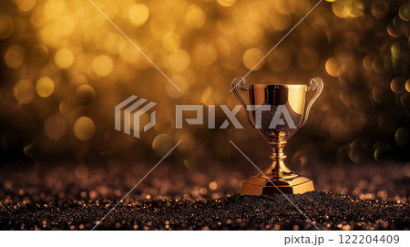 Trophy on glittering background with golden bokeh. 122204409