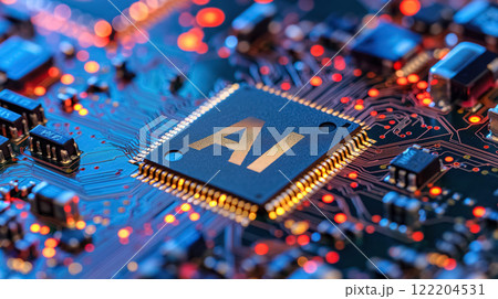 AI chip on a vibrant circuit board. 122204531