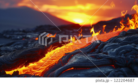 Lava flows on volcanic terrain at sunset. Lava flows on volcanic terrain at sunset. 122204687