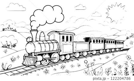 A black-and-white line art drawing of a classic steam locomotive on train tracks, surrounded by a simple outdoor scene 122204786