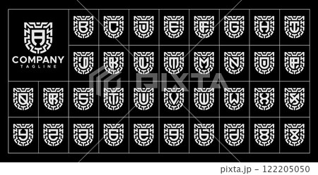 Futuristic line shield initial letter A-Z logo set Futuristic line shield initial letter A-Z logo set 122205050