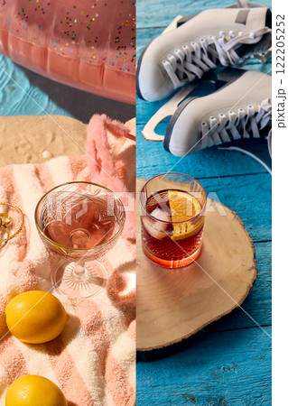 Festive mix of summer poolside ambiance and winter ice skates, sparkling glasses and cozy textures celebrating joy, holidays, and creative seasonal transitions. 122205252