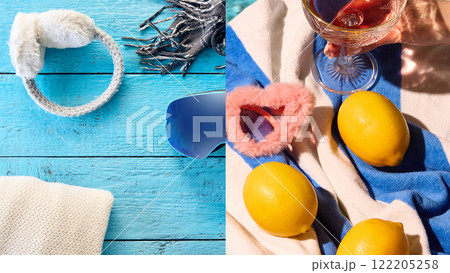 Vibrant mix of fluffy earmuffs and scarf on blue wood combined with pink fuzzy sunglasses and fresh lemons, merging winter and summer aesthetics for creative holidays. Vibrant mix of fluffy earmuffs and scarf on blue wood combined with pink fuzzy sunglasses and fresh lemons, merging winter and summer aesthetics for creative holidays. 122205258