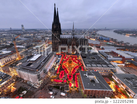 Cologne Cathedral Christmas Market. Traditional German Winter Weihnachtsmarkt in Koln, Germany. Aerial Drone Shot Cologne Cathedral Christmas Market. Traditional German Winter Weihnachtsmarkt in Koln, Germany. Aerial Drone Shot 122205298