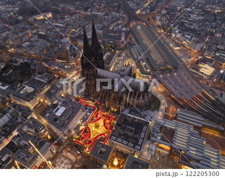 Cologne Cathedral Christmas Market. Traditional German Winter Weihnachtsmarkt in Koln, Germany. Aerial Drone Shot Cologne Cathedral Christmas Market. Traditional German Winter Weihnachtsmarkt in Koln, Germany. Aerial Drone Shot 122205300