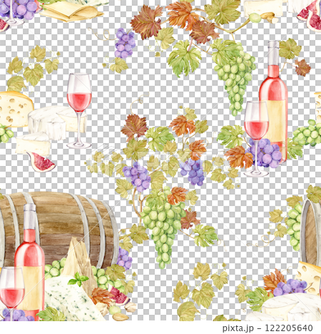 Seamless pattern with Pink wine and snack on a wooden barrel background. Bottle of light wine, glass of pink wine, grapes, brie and cheddar cheese, blue cheese with mold and figs. Watercolor. 122205640