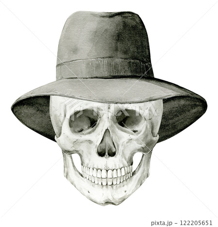 Human skull in black felt hat. Hand drawn watercolor illustration for day of the dead, halloween, dia de los muertos. Isolated object on white background. 122205651