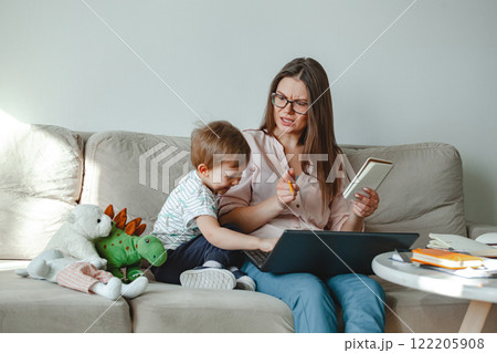 Concept work at home and home family education, mother swears an Concept work at home and home family education, mother swears an 122205908