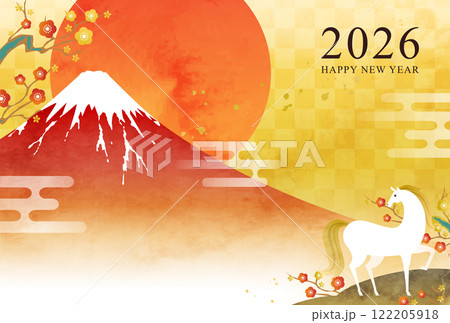 水彩の富士山と馬と初日の出の2026年年賀状のベクターイラストテンプレート(午年,牛) 水彩の富士山と馬と初日の出の2026年年賀状のベクターイラストテンプレート(午年,牛) 122205918