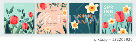 Spring set vector background. Floral pattern for greeting cards, posters, covers design. Bloom flowers, leaves, textures, sale text typography in modern style. Squared shape 122205920