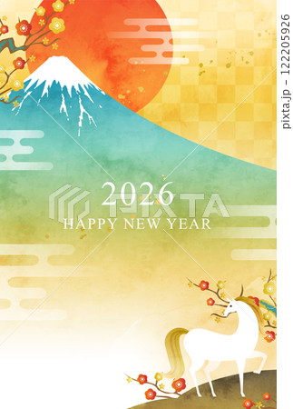 水彩の富士山と馬と初日の出の2026年年賀状のベクターイラストテンプレート(午年,牛) 122205926