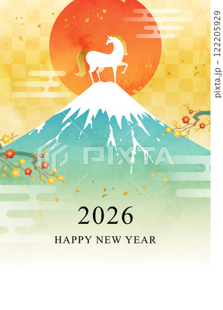 水彩の富士山と馬と初日の出の2026年年賀状のベクターイラストテンプレート(午年,牛) 122205929