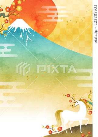 水彩の富士山と馬と初日の出の2026年年賀状のベクターイラストテンプレート(午年,牛) 水彩の富士山と馬と初日の出の2026年年賀状のベクターイラストテンプレート(午年,牛) 122205933