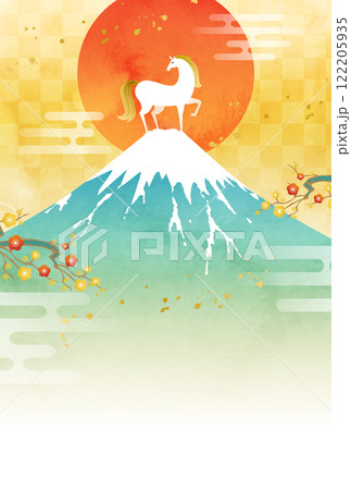 水彩の富士山と馬と初日の出の2026年年賀状のベクターイラストテンプレート(午年,牛) 122205935
