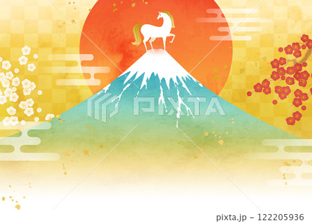 水彩の富士山と馬と初日の出の2026年年賀状のベクターイラストテンプレート(午年,牛) 水彩の富士山と馬と初日の出の2026年年賀状のベクターイラストテンプレート(午年,牛) 122205936