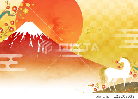 水彩の富士山と馬と初日の出の2026年年賀状のベクターイラストテンプレート(午年,牛) 122205938