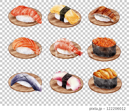 お寿司＋お皿　9巻　イラスト　手書き　水彩タッチ 122206012