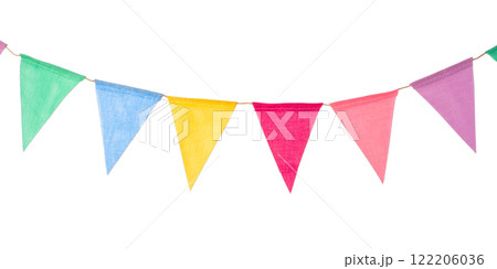 Festive garland of triangular multicolored flags isolated on a white background 122206036