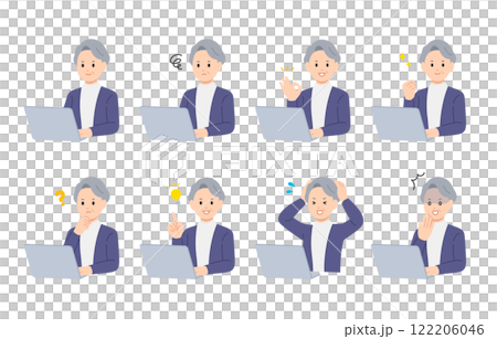 A set of senior women and elderly people with various expressions and poses while looking at a computer [People vector illustration material] 122206046