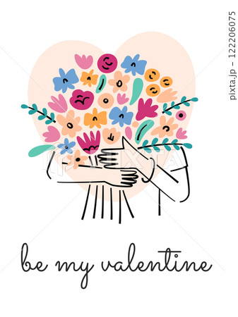 Valentines Day greeting card, vector illustration of hands holding colorful bouquet of flowers with elegant text, flat cartoon composition, pastel colors, be my Valentine in flat cartoon style Valentines Day greeting card, vector illustration of hands holding colorful bouquet of flowers with elegant text, flat cartoon composition, pastel colors, be my Valentine in flat cartoon style 122206075