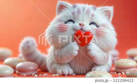 A cute smiling cat gives a red heart and smiles on Valentine's Day, the day of love A cute smiling cat gives a red heart and smiles on Valentine's Day, the day of love 122206422