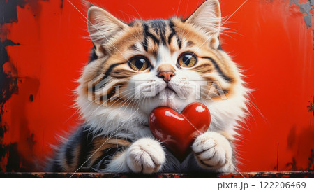 A cute smiling cat gives a red heart and smiles on Valentine's Day, the day of love 122206469