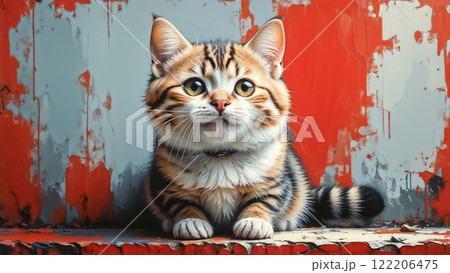 A cute smiling cat gives a red heart and smiles on Valentine's Day, the day of love 122206475