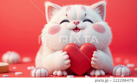 A cute smiling cat gives a red heart and smiles on Valentine's Day, the day of love 122206479