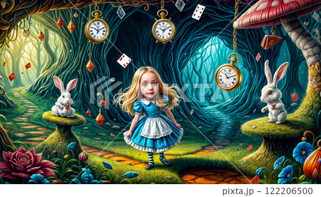 Alice falls down a rabbit hole surrounded by floating cards, coins, clocks and books in a wonderland 122206500
