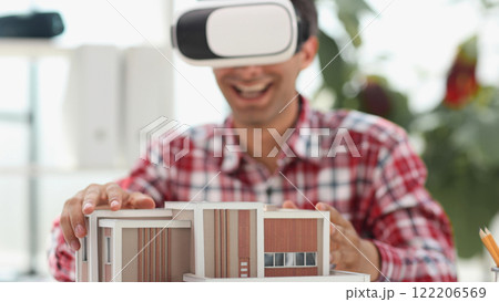 Architecture design drawings, building model on blueprint floor plan, house construction. 3d 122206569